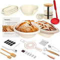 Sourdough Starter Kit, 26PCS Sourdough Bread Baking Supplies, Including a Sourdough Starter Jar (34OZ), Silicone Banneton Bread Proofing Basket Set of 2 (Yellow wood, Oversized glass mouth)