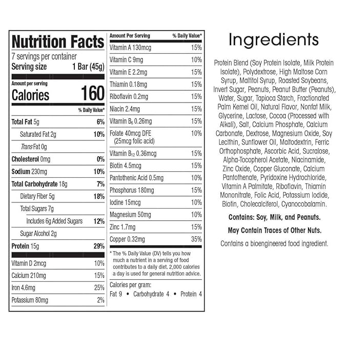 WonderSlim Meal Replacement Protein Bar, Peanut, 15g Protein, 20 Vitamins & Minerals, Gluten Free (7ct) (Pack of 2)