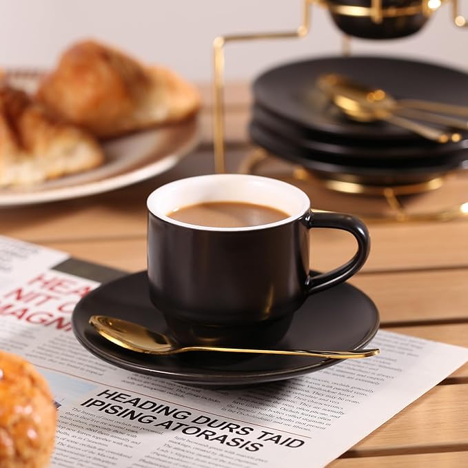 Lareina 3-Ounce Espresso Cups Set of 4, Small Stackable Coffee Cups with Saucers, Spoons and Metal Stand, Ceramic Demitasse Mugs, Espresso Accessories for Machine, Black