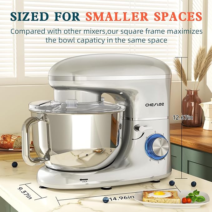 CHeflee Stand Mixer,660W 6+P With 6.5QT Stainless Steel Bowl,Dough Hook, Wire Whip & Beater,for Most Home Cooks,Silver