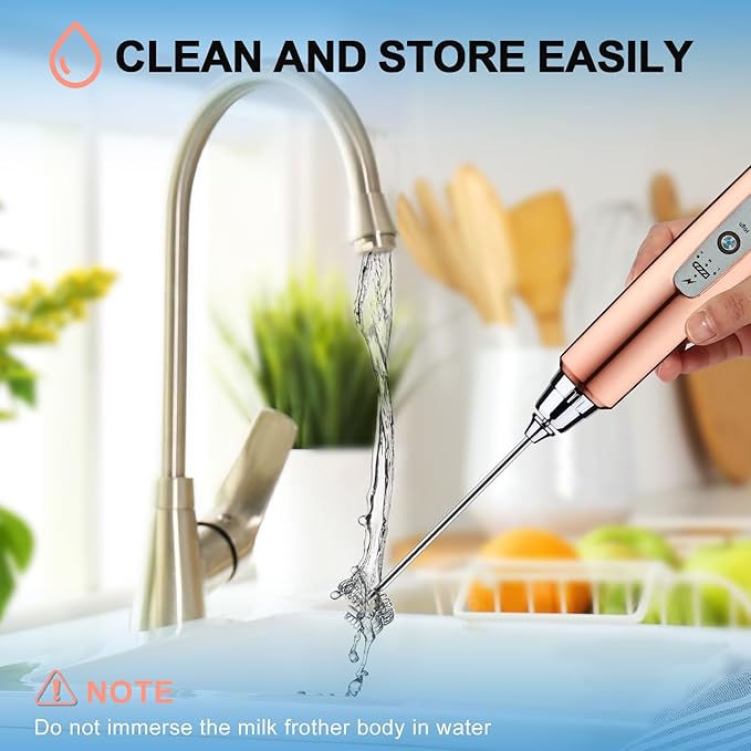 YUSWKO Rose Gold Handheld Milk Frother Wand with Stand for Coffee, Rechargeable Electric Whisk with 3 Heads 3 Speeds Drink Mixer Coffee Frother For Latte, Cappuccino, Hot Chocolate, Egg