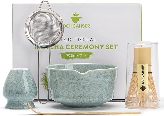 Matcha Set, Matcha Whisk Set Includes Matcha Bowl, Matcha Whisk Holder, Bamboo Matcha Whisk, Scoop and Matcha Sifter, 17 oz Mottled Blue Glaze Ceramic Matcha Kit for Tea Lovers