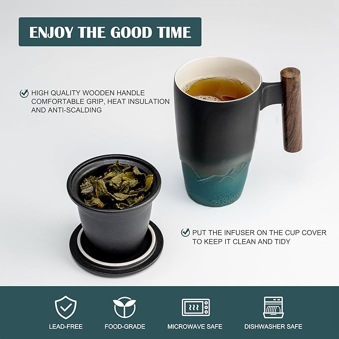 suyika Ceramic Tea Cup with Infuser and Lid Tea Mugs Wooden Handle 400ml/13.5oz Dark Green