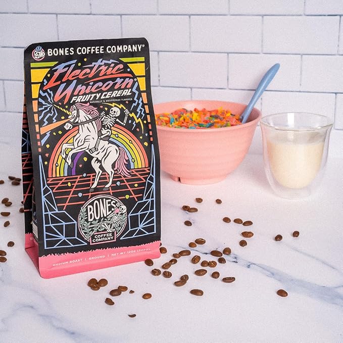 Bones Coffee Company Electric Unicorn, Fruity Cereal With Milk Flavored Coffee, Medium Roast Low Acid Arabica Beans Compatible with Auto drip and French Press Coffee Maker, 12 Oz Whole Bean
