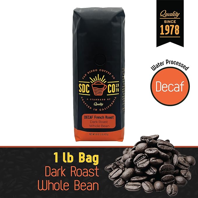 San Diego Coffee DECAF French Roast, Dark Roast, Whole Bean Coffee, 16-Ounce Bag Café en grano tostado descafeinado