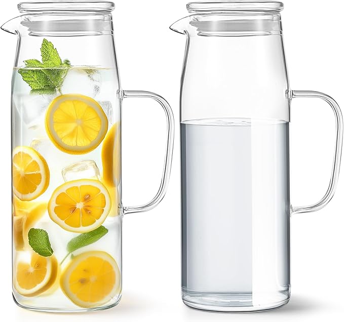Hsei 2 Sets Glass Pitcher with Lid, 67.6 oz / 2000 ml Water Carafe with Handles Hot Cold Beverage Water Jar Glass Jug for Tea Juice Milk Coffee Iced Beverage (Glass Lid)