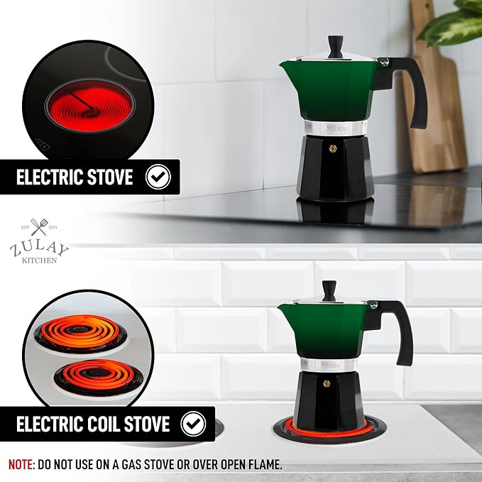 Zulay Kitchen Stovetop Espresso Maker - Moka Pot 6 Espresso Cups - Percolator Coffee Maker for Classic Cuban & Italian Style Espresso - Portable Coffee Maker for Camping & Travel - (Green/Black)
