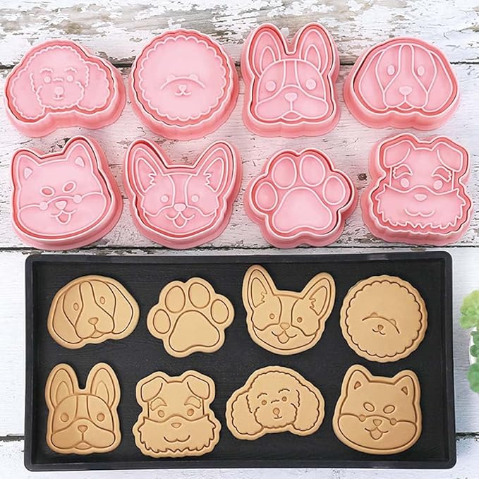 8 Dog Cookie Cutters Set, 3D Puppy Cookie Stamps, Cupcake Pancake Apple Pie Pastry Biscuit Molds, Cookie Baking Molds for Dog Party Decorations (Puppy-1)