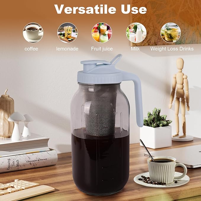 Cold Brew Coffee Maker,64 oz Mason Jar Pitcher with Stainless Steel Filter, Pour Spout Handle Lid, Heavy Duty Glass Airtight & Leak-Proof Pitcher for iced coffee Tea Lemonade-Gray