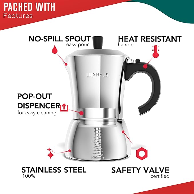 LuxHaus Moka Pot - 9 Cup Stovetop Espresso Maker - 100% Stainless Steel Italian and Cuban Mocha Coffee Maker