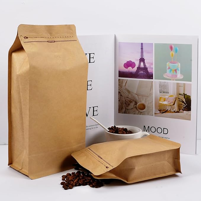 Coffee Bags with Valve (50 PCS,32oz/2lb) Kraft Paper High Barrier Aluminum Foil Flat Bottom Standing Coffee Beans Storage Packaging Bags,Reusable Heat Seal Side Zipper Pouches for Small Business&Home