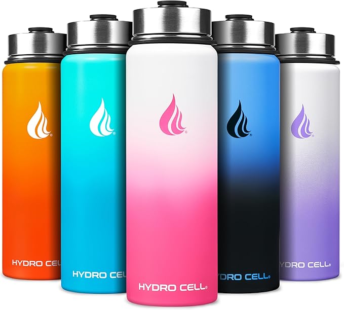 HYDRO CELL Stainless Steel Insulated Water Bottle with Straw - For Cold & Hot Drinks - Metal Vacuum Flask with Screw Cap and Modern Leakproof Sport Thermos for Adults (White/Pink 24oz)