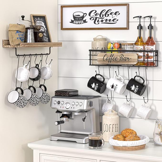 Floating Mug Racks 2 Pack - Wall Mounted Coffee Cup Holder with 12 Hooks, Mug Organizer for Kitchen, Farmhouse Coffee Bar Decor