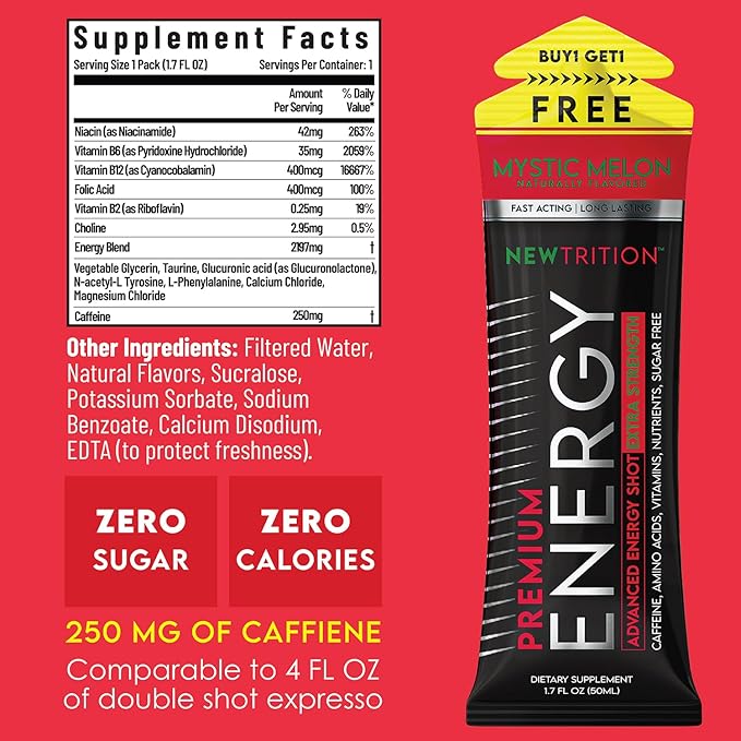 NewTrition® Extra Strength Energy Shots, 1.7 fl oz (Pack of 24, Mystic Melon flavor) - 250mg Caffeine with Vitamin B & Amino Acids, Sugar-Free, Zero Calorie Vitamin Energy Drink for Focus & Endurance