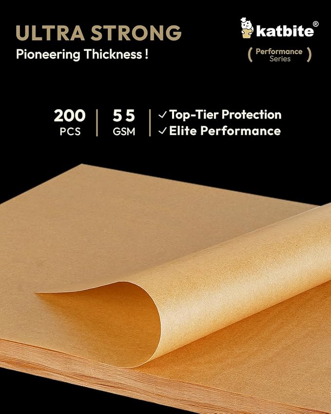Katbite 200 Pcs Parchment Paper Sheets, 12x16IN Ultra-strong Unbleached Baking Paper Non-Stick for Professional Baking, Pre-cut Parchment Paper Suitable for Baking,Cooking [Performance Series]