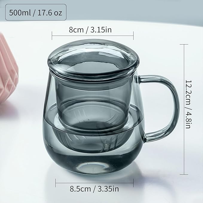 Glass Tea Cup with Infuser and Lid, 17.6oz/520ml Large Borosilicate Teacup, Clear Mug for Loose Leaf Tea, Blooming Tea, Tea Bags - Perfect Christmas or Birthday Gift for Men