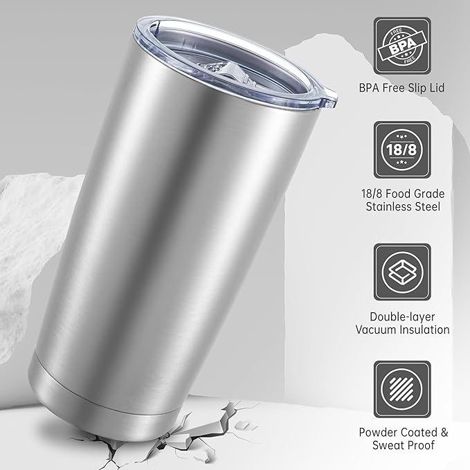 20 oz Tumblers Bulk Stainless Steel Tumbler with Lid Double Wall Vacuum Insulated Coffee Mug 20oz Powder Coated Cup for Hot and Cold Drinks, Stainless, 12 pack