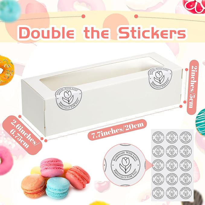 Sherr 100 Pcs White Macaron Boxes with Window, Cookies Boxes with 200 Pcs Stickers Long Bakery & Dessert Gifts Containers for Donuts, Pastry, Chocolate Covered Strawberry