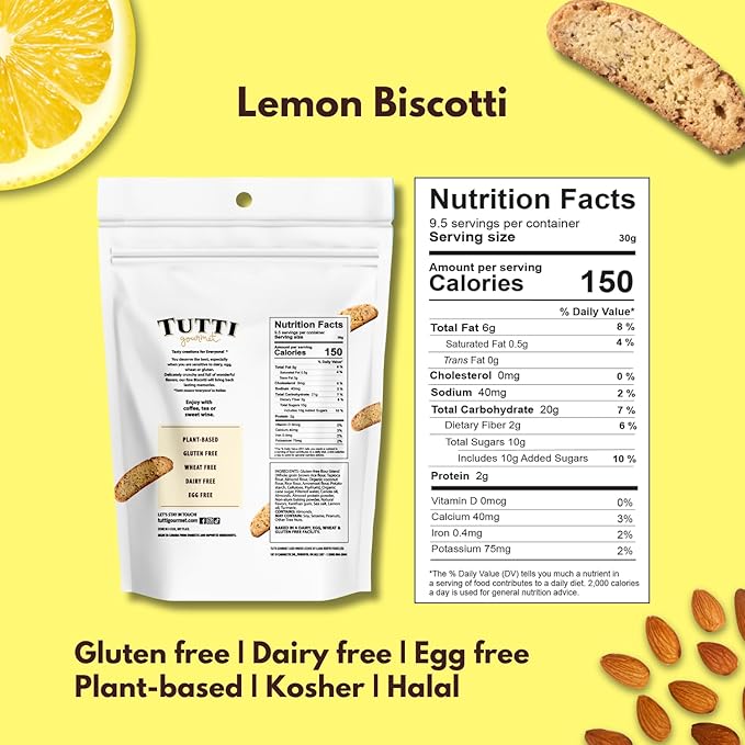 Tutti Gourmet Gluten Free Lemon Biscotti, 9.9 oz (283g) Resealable Cookie Bag - Vegan and Halal Snacks