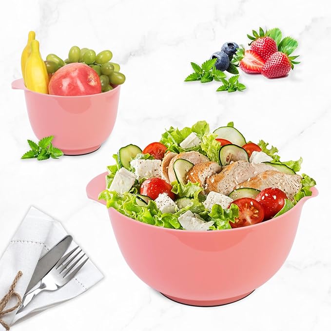 BoxedHome 4 Quart Large Plastic Mixing Bowls, Microwave Safe Mixing Bowl Set with Pour Spout, Nesting Bowls for Space Saving Storage(Candlelight Peach)
