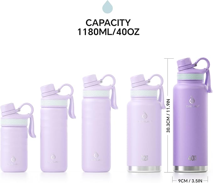 IDEUS Insulated Stainless Steel Water Bottle with 2 Leak-Proof Lids, Thermal Water Flask for Hiking Biking, 40oz, Violet