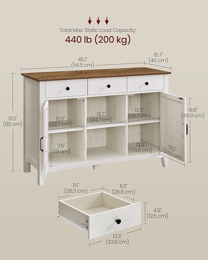 VASAGLE LIRY Collection - Buffet Cabinet, Coffee Bar Cabinet with 3 Drawers, Adjustable Shelves, Sideboard Storage with Cable Holes, Drawer Dividers, Rustic White and Honey Brown UBBK371W01V1