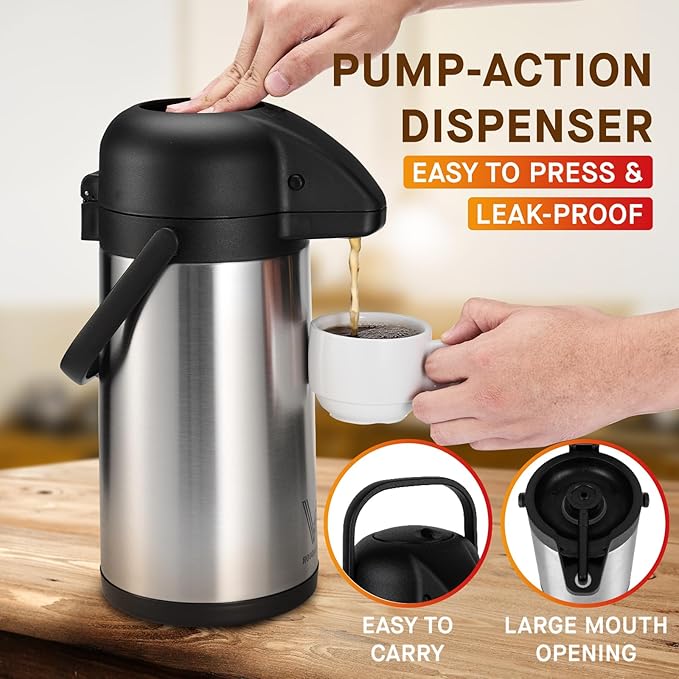 85 oz (2.5L) Coffee Carafe with Pump, 2Pcs Insulated Stainless Steel Coffee Dispenser, Coffee Carafes for Keeping Hot/Cold, Hot Beverage Dispenser for Party