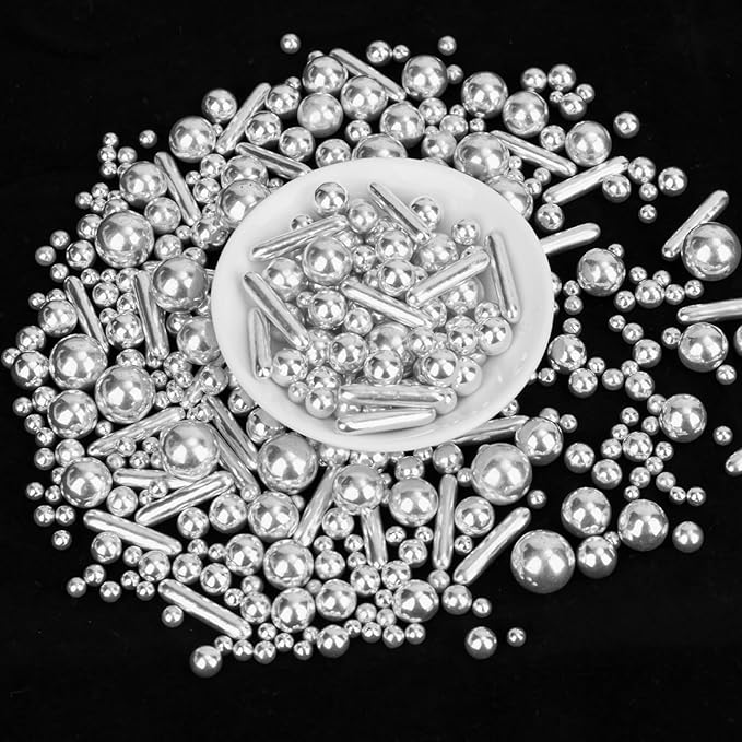Silver Pearl Rods Sprinkles, Twisweet Edible Sugar Sprinkles for Cake Decorating Mix Size Candy Pearls for Baking Cake Topper Ice Cream Cupcake Cookie Dessert Decorations, Wedding Day Valentines Birthday Party Christmas Easter Supplies (130g/4.58oz)