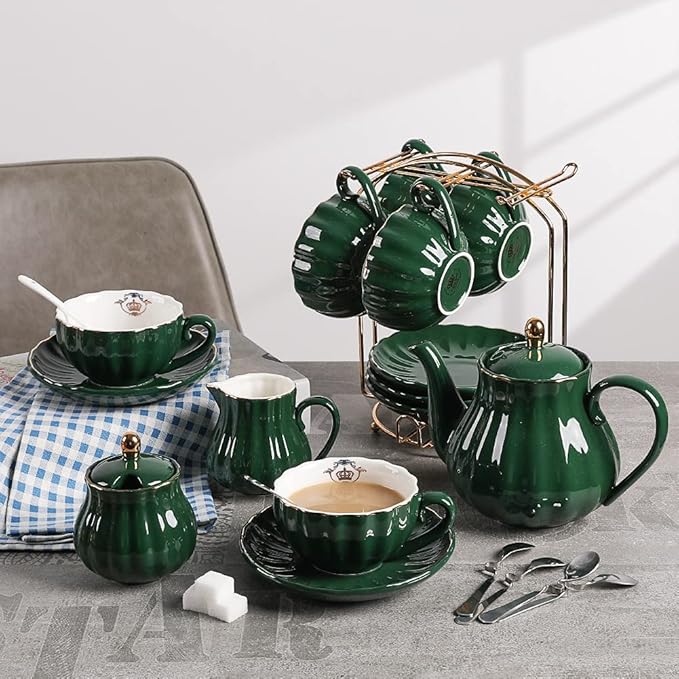 Porcelain Tea Sets British Royal Series, 8 OZ Cups& Saucer Service for 6, with Teapot Sugar Bowl Cream Pitcher Teaspoons and Tea Strainer, Suitable for High Tea, Wedding, Party (Jade)