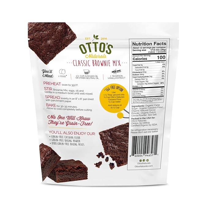 Otto's Naturals Grain-Free Classic Brownie Mix, 11.1 Oz., Top 9 Allergen-Free, Organic Cassava Flour, Gluten Free, Non-GMO, Vegan, Plant-Based