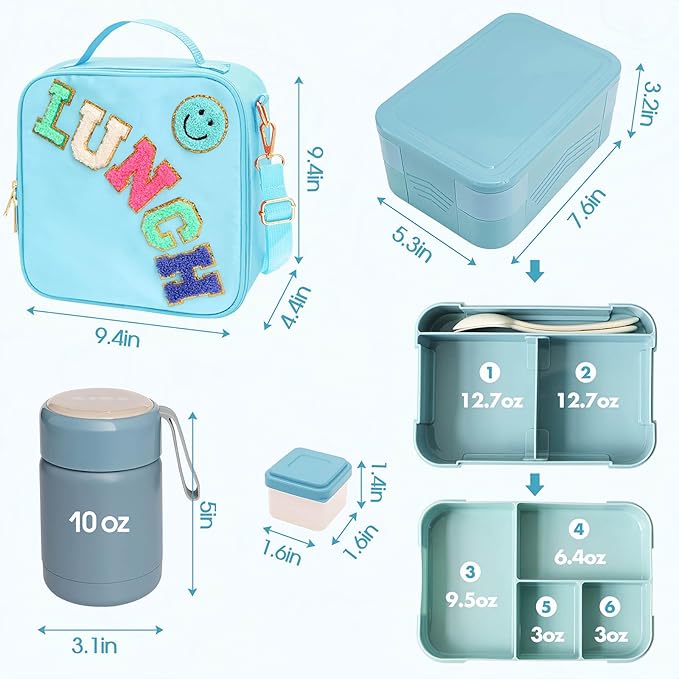 Kids Lunch Bag with 10oz Thermos, with 6 Compartment Bento Box, Blue Nylon Insulated Preppy Lunch Box Adjustable Strap Birthday Gift for Girl Kids Teens Picnic School Travel