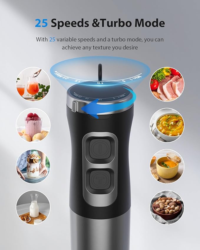 1000W Powerful Immersion Blender Handheld, 2025 New Update Hand Blender with 25-Speed and Heavy-Duty Copper Motor, 4 in 1 Hand Mixer with Chopper, Whisk, Beaker and Wand