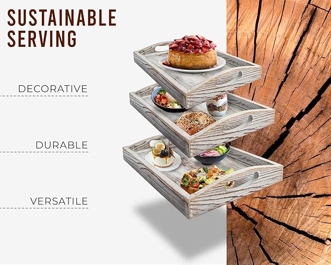 Serving Trays Set of 3 - Ottoman Wood Trays for Entertainment, Food and Décor - Rustic Farmhouse Distressed Wood Finish - Rustic White