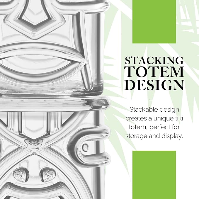 Final Touch Tiki Glasses Set of 4 - Kanaloa, Lono, Kū, Kāne Designs, 12 oz (355 ml), Clear, Stackable Totem Pole Storage, Durable Glassware for Tropical Cocktails (TK5303)