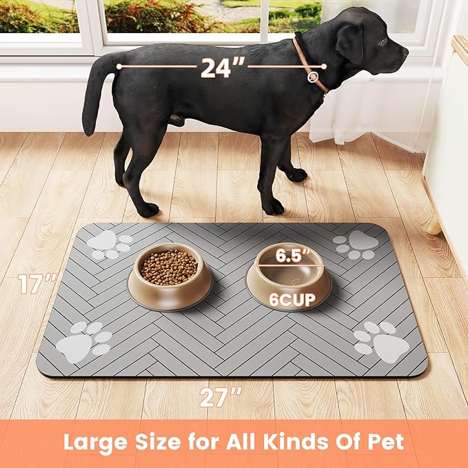 Pet Feeding Mat-Absorbent Pet Placemat for Food and Water Bowl, with Waterproof Rubber Backing, Quick Dry Water Dispenser Mat for Dog and Cat (16"x24", Striped Light Gray)