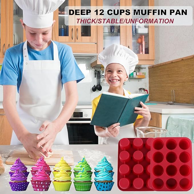 Nalchios Silicone Muffin Pan 12 Cups Deep Jumno, Chocolate Molds Silicone, Nonstick BPA Free Silicone Baking Molds, Dishwasher & Microwave Safe Muffin Tin, Easy To Use and Clean Candy Molds