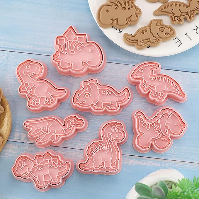 8 Pcs Dinosaur Cookie Cutters Set, 3D Dinosaur Style Baking Molds with Plunger Stampers, Cookie Cutter for Baking, Fondant, Cheese, and Pastries(K8)