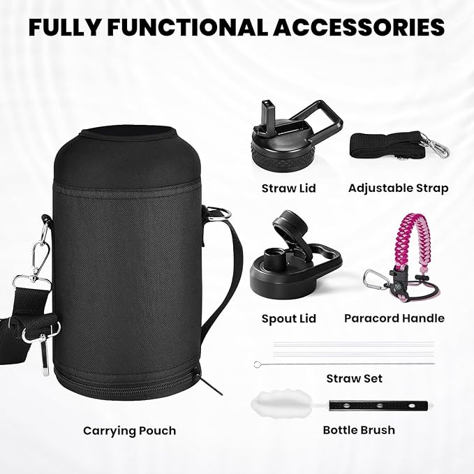 Insulated Water Bottle 64 oz, Triple Wall Vacuum Stainless Steel (Cold for 48 Hrs), Leak Proof & Non-BPA, Half Gallon Water Flask Jug with Paracord Handle & Straw Spout Lids, Ombre Pink