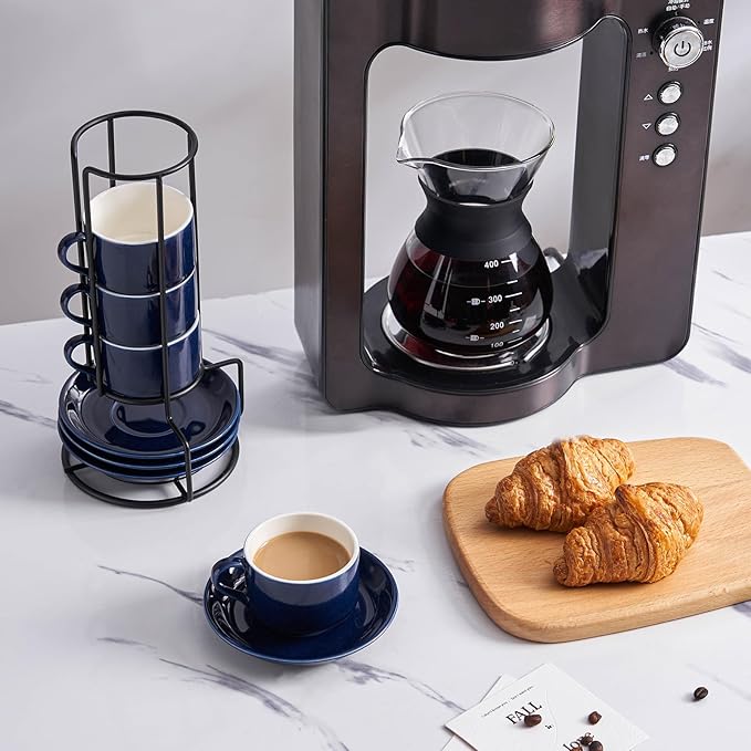YOLIFE 2.5oz Porcelain Stackable Espresso Cups with Saucers and Metal Stand Set of 4, Stackable Cappuccino Cups, Blue Expresso Shots Cup Set for Coffee Drinks, Latte, Tea