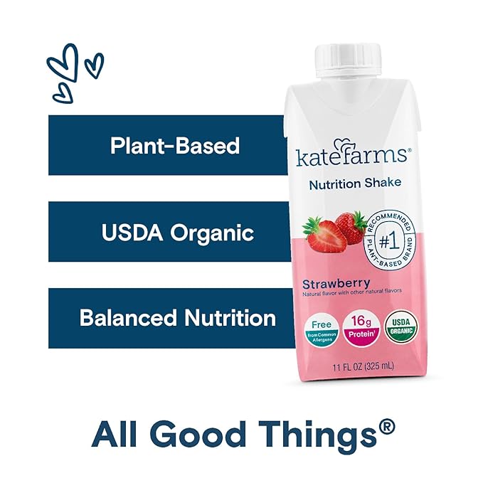 Kate Farms Organic Nutrition Shake, Strawberry, 16g Protein, 27 Vitamins and Minerals, Meal Replacement, 11 oz, 12 Pack