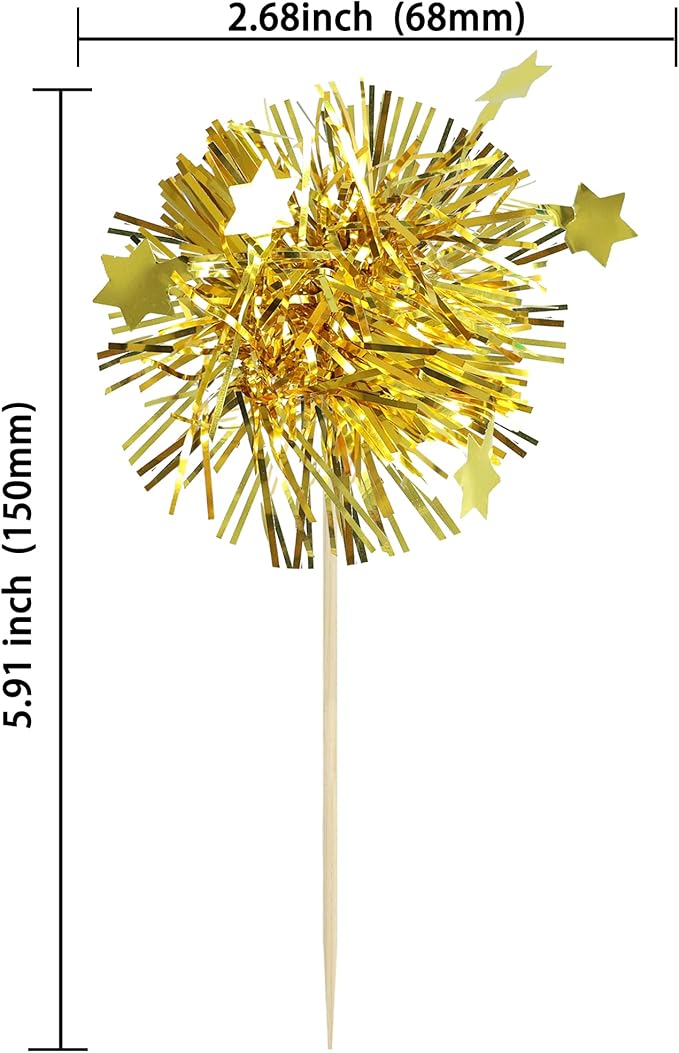 Ephlyn 30Pcs Foil Firework Cupcake Toppers Happy Birthday Cake Toppers Tinsel Flower Drink Stirrers Cocktail Food Fruit Toothpicks for Valentine's Day Party Decorations Gold