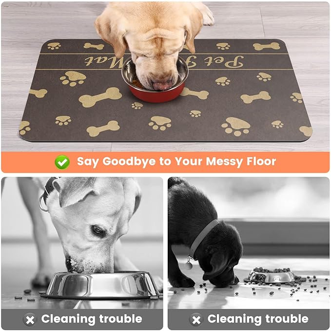 Pet Feeding Mat-Absorbent Pet Placemat for Food and Water Bowl, with Waterproof Rubber Backing, Quick Dry Water Dispenser Mat for Dog and Cat (17"x27", Brown)
