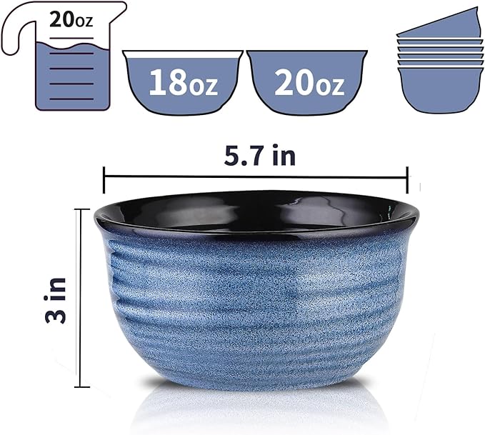 MEKY 20oz Soup Bowls, Stackable and Durable Ceramic Bowls for Kitchen, Elegant Perfect for Pasta, Cereal,Oatmeal, Rice, and Ice Cream, Microwave & Dishwasher Safe,Set of 6, Blue