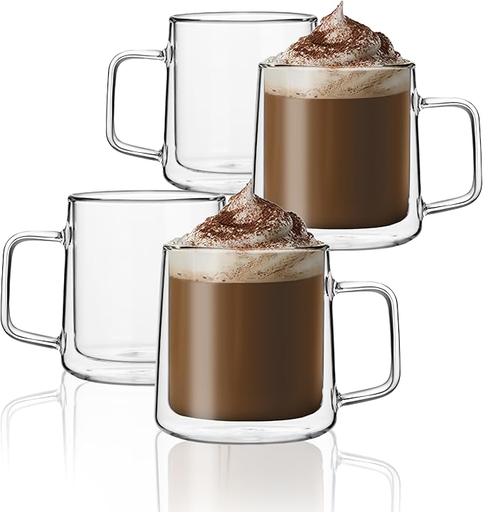 CNGLASS 12oz Glass Coffee Mugs,Double Wall Insulated Glass Cups with Handle,Clear Espresso Mugs for Latte,Cappuccino,Tea Bag,Set of 4