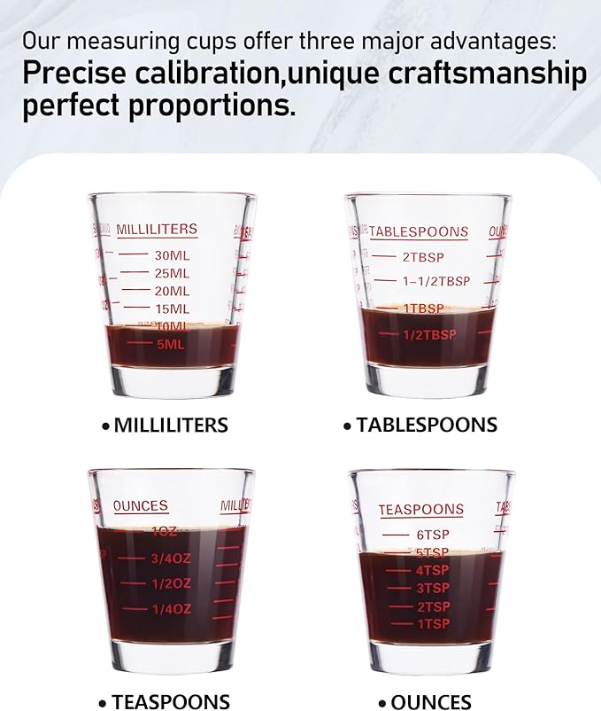 Shot Glasses Measuring Cup Set 6 Pack Espresso Shot Glasses Liquid Heavy Glass 26-Incremental Measurement 1 OZ, 2 TBS, 6 TSP, 30 ML Kitchen Tools(White)