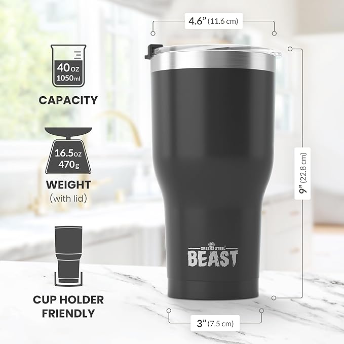 Beast 40 oz Tumbler Stainless Steel Vacuum Insulated Coffee Ice Cup Double Wall Travel Flask (Matte Black)