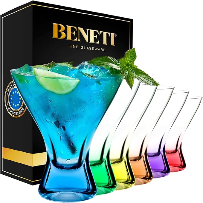 BENETI European Made Colored Martini Glasses Set of 6 Stemless Cocktail Glasses - 8 Oz, Dishwasher Safe, Crystal Glass Cups for Partys