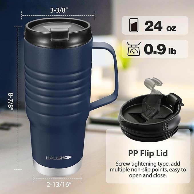 HAUSHOF 24 oz Travel Mug with Handle, Stainless Steel Vacuum Insulated Coffee Travel Mug, Double Wall with Leakproof Lid, BPA Free