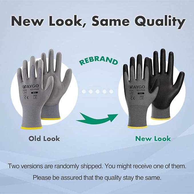 KAYGO Safety Work Gloves PU Coated-12 Pairs, KG11PB, Seamless Knit Glove with Polyurethane Coated Smooth Grip on Palm & Fingers, for Men and Women(X-Large (Pack of 12), Grey)