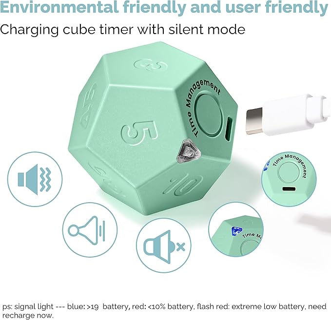 KADAMS Pomodoro Cube Timer Productivity-11 Preset Countdowns, Flip-to-Start Gravity Activation - Sound Vibrate Mute Rechargeable - Ideal for ADHD Kid Kitchen Classroom Cook Study Exercise - Green